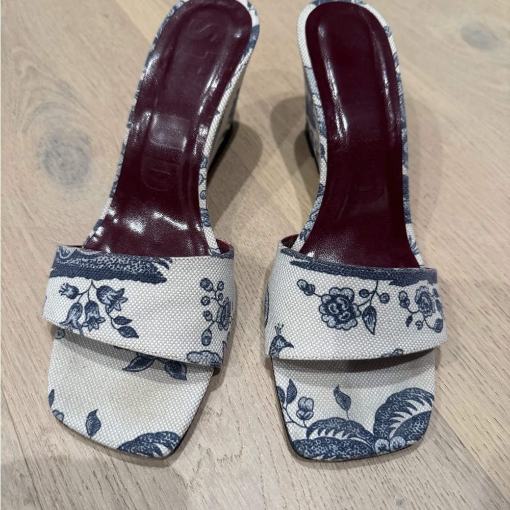 Staud blue and white wedge sandals. Billie tropical print in canvas.